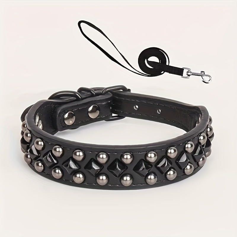 ECP037S Black Faux PU Leather Dog Collar And Leash Set - Comfortable, Pet Accessories